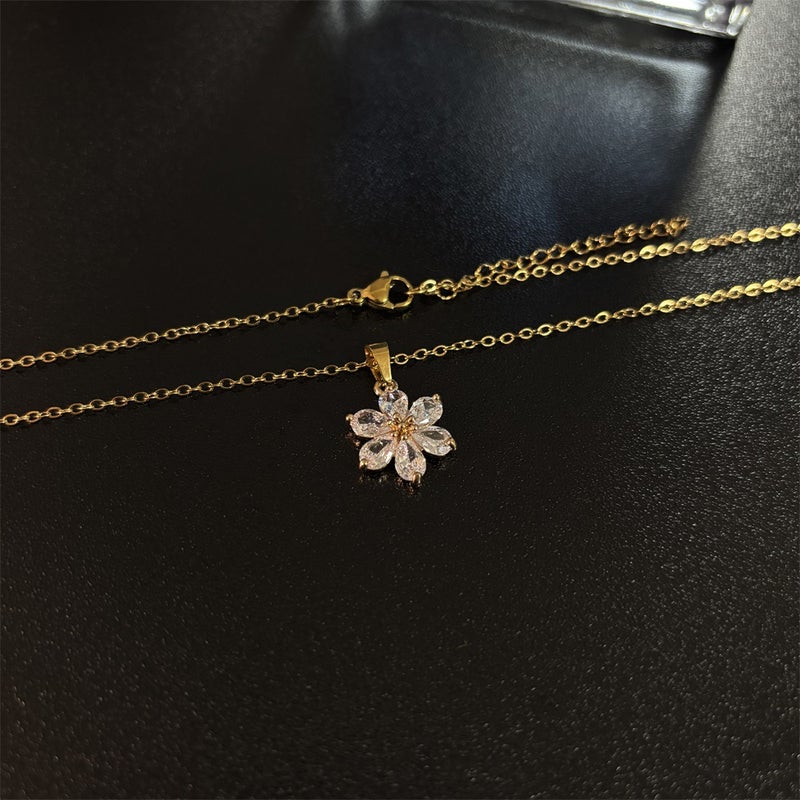 Fashion New Flower Full Diamond Zircon Pendant Stainless Steel Chain Lady Necklace - Image 5